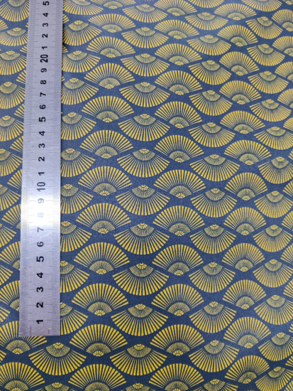 Tissu coton éventails jaune sur fond bleu
